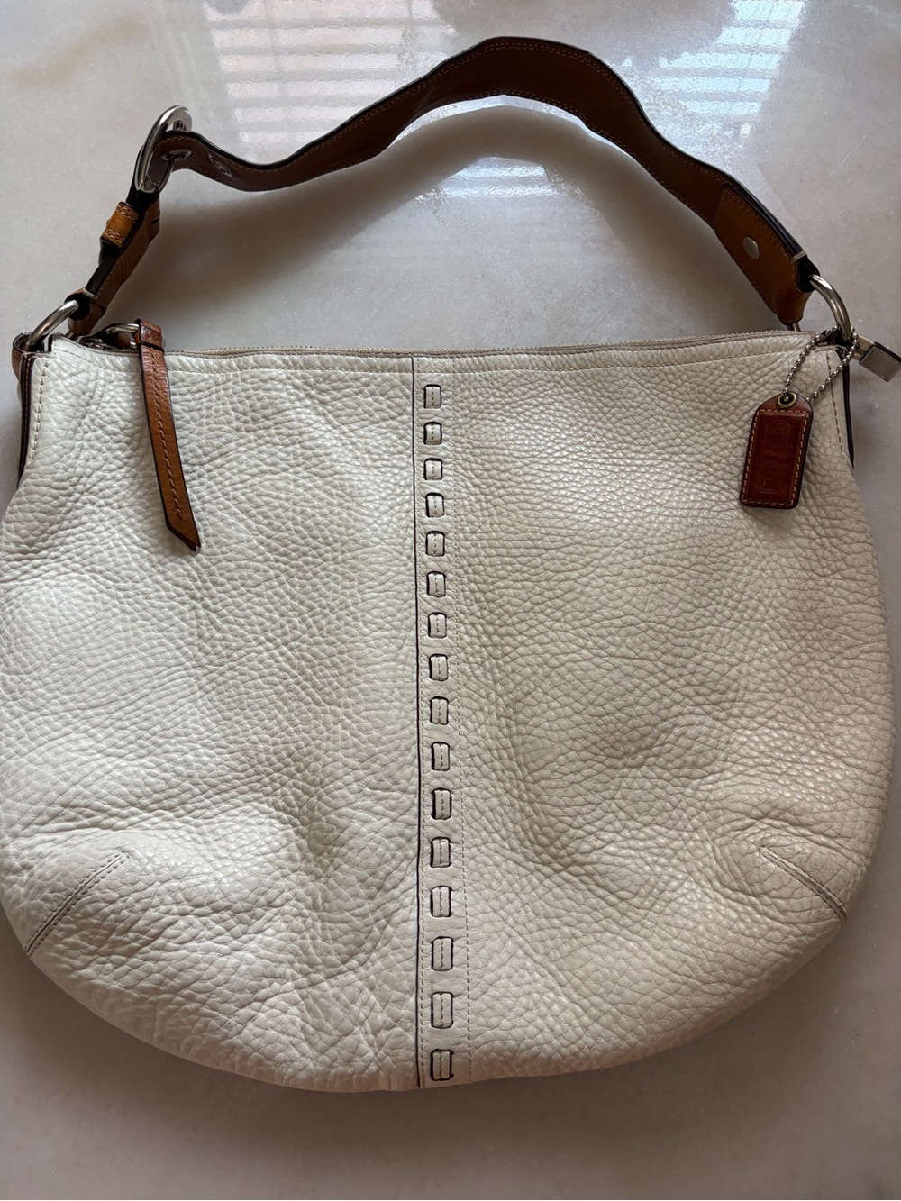 Coach Chalk Pebbled Leather Shoulder Bag with Brown Trim